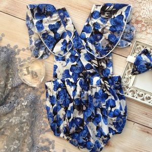 One Pieces - Boutique Baby Girl Blue Floral Romper 2pc One Pieces - Boutique Baby Girl Blue Floral Romper 2pc